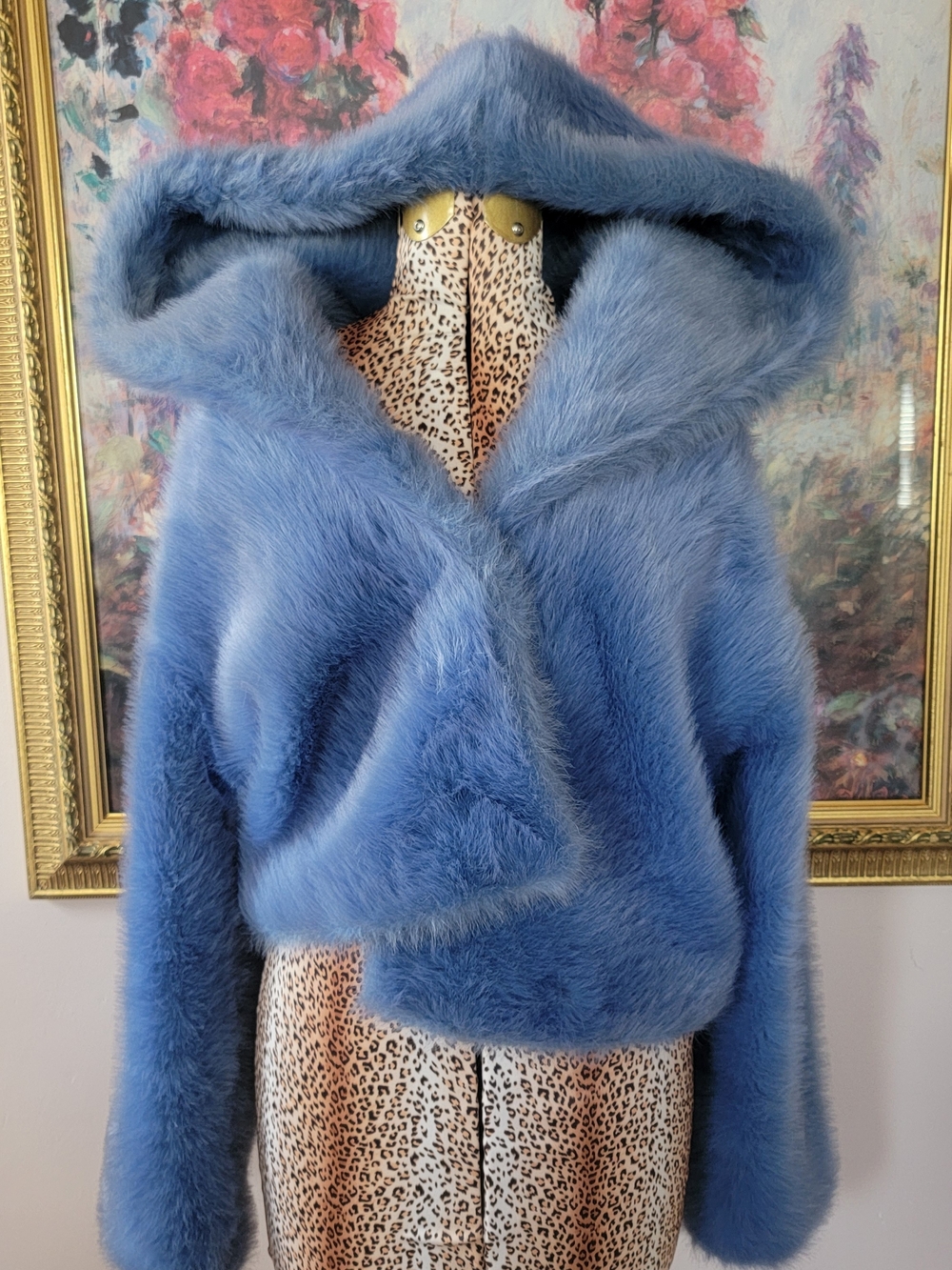 Rare NWOT 90s Faux Fur Teddy Sky Blue Cropped Hooded Coat